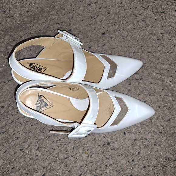 JOHN FLUEVOG-Bolt-White Leather/Patent Geometric Slingback Heel-Sz 8-Near Mint - Picture 8 of 9